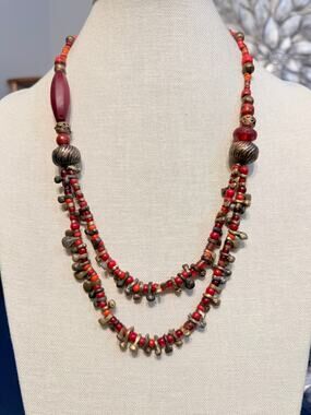 Vintage Handmade African Brass & Coral Bead Necklace 28”